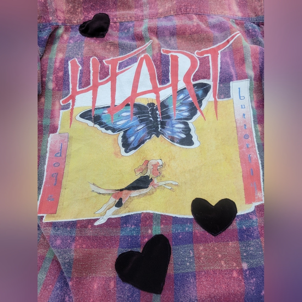 Upcycled Vintage Heart Rock Band Flannel Shirt Shacket  With Velvet & Lace - Picture 4 of 13